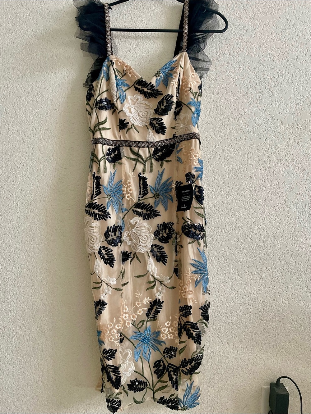 Lulu's Beige Midi Dress with Blue & Black Floral Embroidery